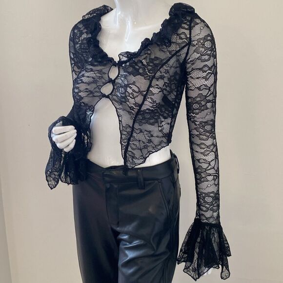 Dolls Kill Brand Black Sheer Lace Ruffle Top w Open Button Details Bell Sleeves - Picture 2 of 6